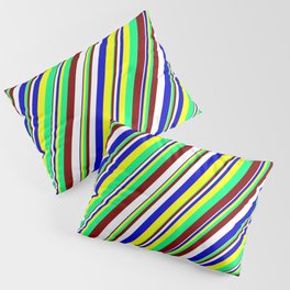 [ Thumbnail: Maroon, White, Blue, Yellow & Green Colored Striped Pattern Pillow Sham ]