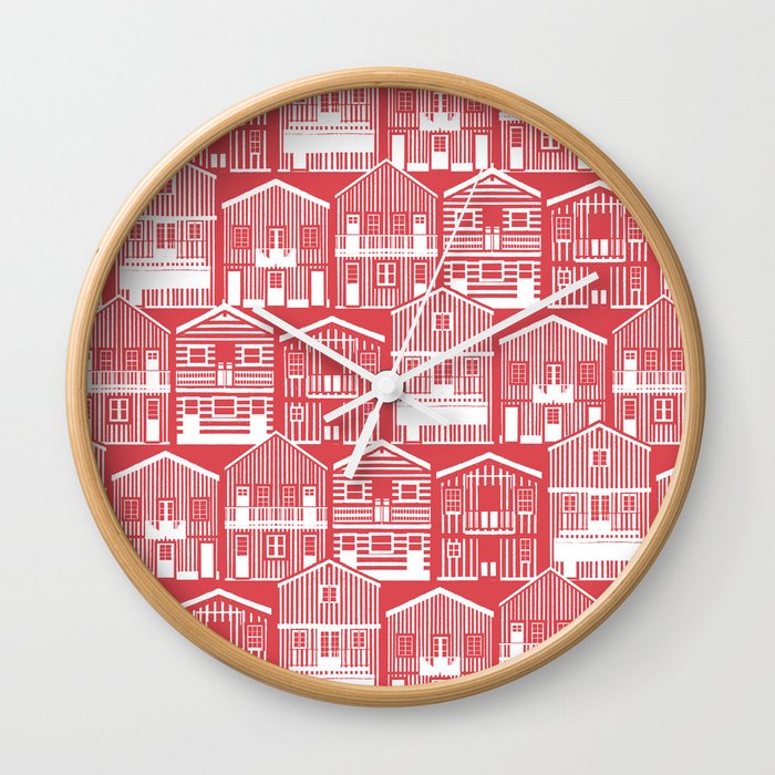 Monochromatic Portuguese houses // mandy red background white striped Costa Nova inspired houses Wall Clock