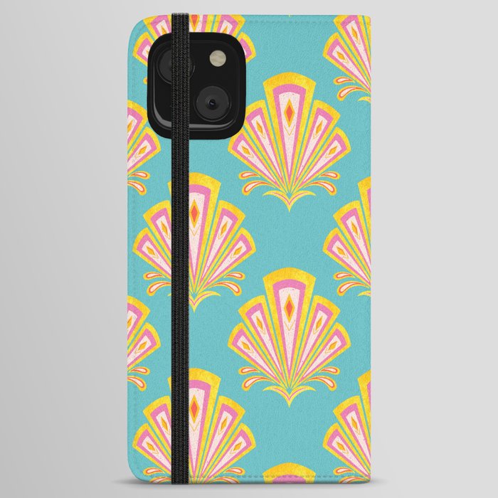 Yellow and turquoise Art Deco motif iPhone Wallet Case