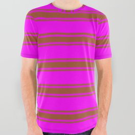 [ Thumbnail: Fuchsia and Sienna Colored Striped/Lined Pattern All Over Graphic Tee ]