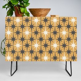 Midcentury Modern Atomic Starburst Pattern Muted Mustard Gold, Charcoal Gray, and Cream Credenza