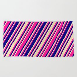 [ Thumbnail: Deep Pink, Blue, and Tan Colored Stripes/Lines Pattern Beach Towel ]