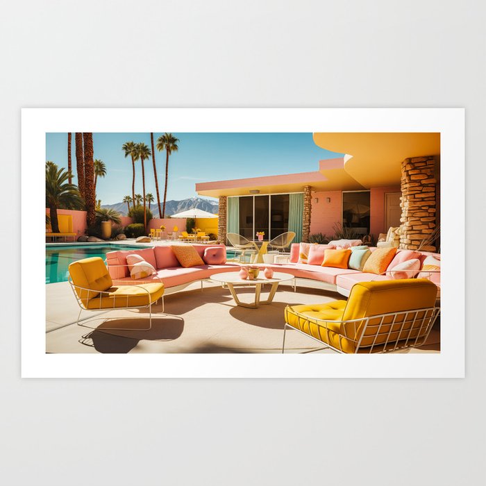 Palm Springs Pool Pink and Yellow Retro 424 Art Print