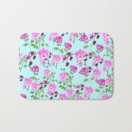 pink purple flowers watercolor painting Bath Mat