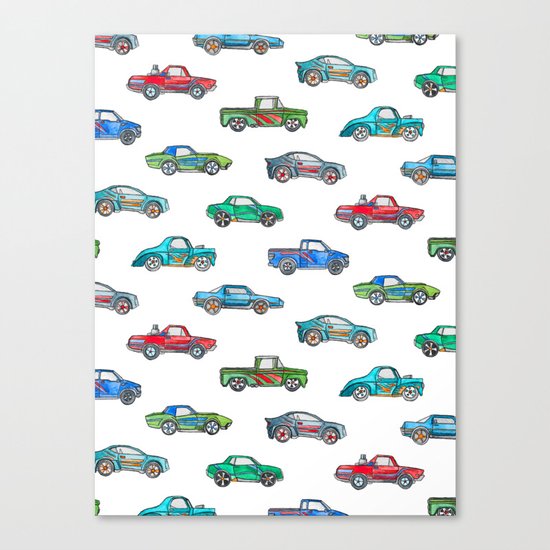 Little Toy Cars in Watercolor on White Canvas Print