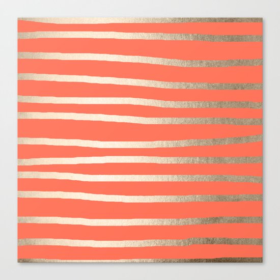 Simply Drawn Stripes in White Gold Sands on Deep Coral Canvas Print