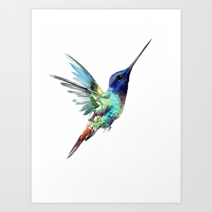 Flying Hummingbird flying bird, turquoise blue elegant bird minimalist design Art Print