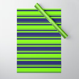 [ Thumbnail: Green and Midnight Blue Colored Lines/Stripes Pattern Wrapping Paper ]