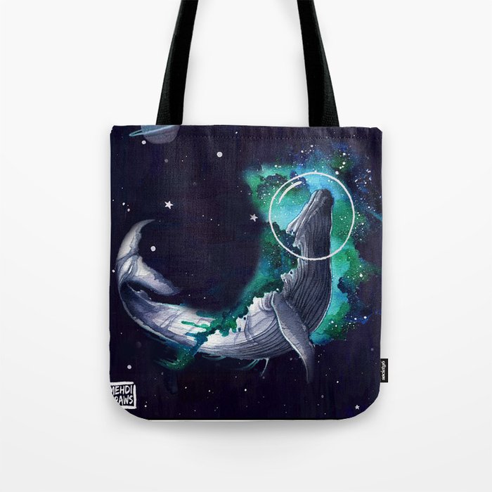Blue Whale Swimming on The Space White Stars Tote Bag
