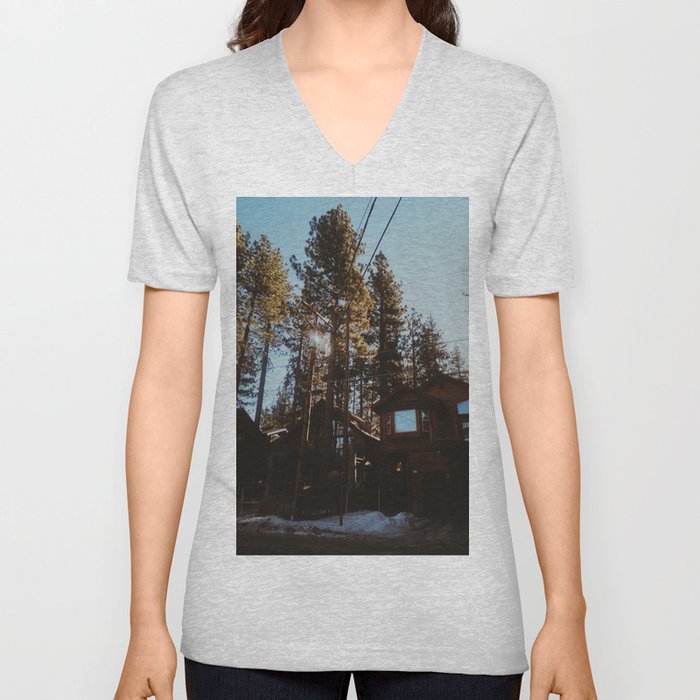 Lake Tahoe City Cabins V Neck T Shirt