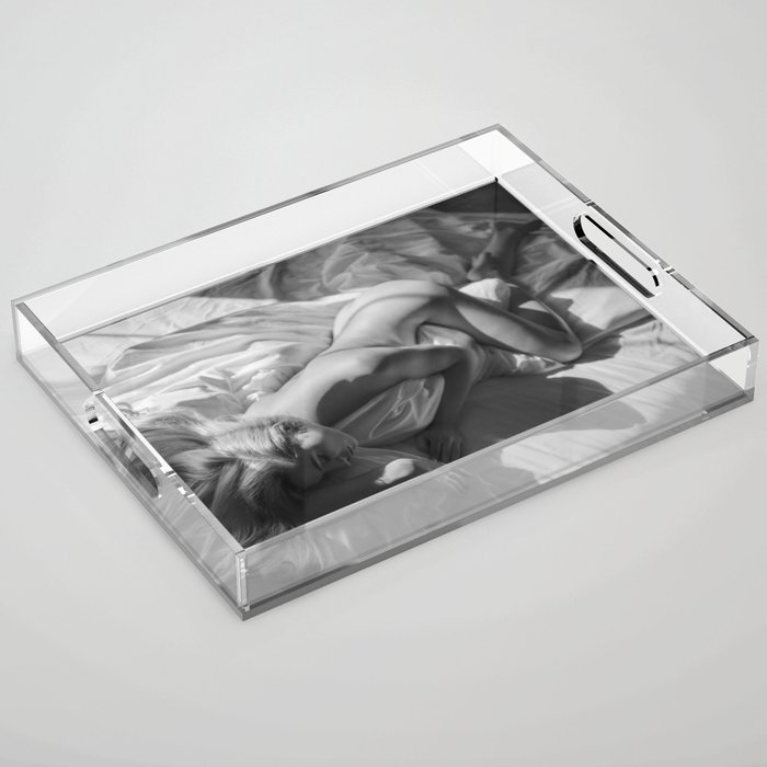 Gorgeous sleeping blonde in bed nude in sunlight and shadow black and white art photograph - photography - photographs Acrylic Tray