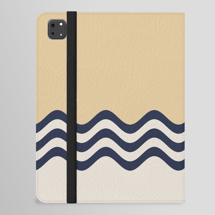 Beige Cream and Navy Blue Triple Wavy Horizontal Stripe Pattern iPad Folio Case