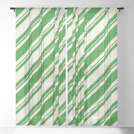 [ Thumbnail: Forest Green and Beige Colored Lined/Striped Pattern Sheer Curtain ]
