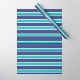 [ Thumbnail: Lavender, Dark Slate Blue, Green, Dark Turquoise & Dark Blue Colored Striped Pattern Wrapping Paper ]