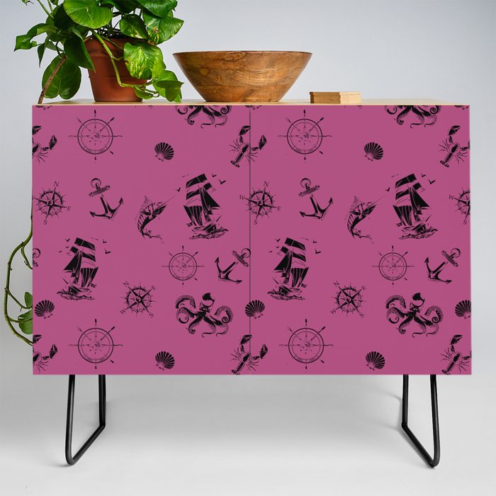Magenta And Black Silhouettes Of Vintage Nautical Pattern Credenza