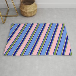 [ Thumbnail: Cornflower Blue, Green, Pink & Dark Blue Colored Striped/Lined Pattern Rug ]