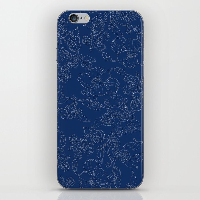 Elegant Chic Navy Blue Silver Glitter Flowers Pattern iPhone Skin