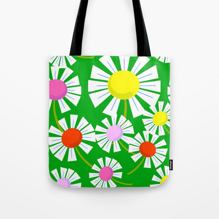 Modern Retro Daisy Flowers On Green Tote Bag