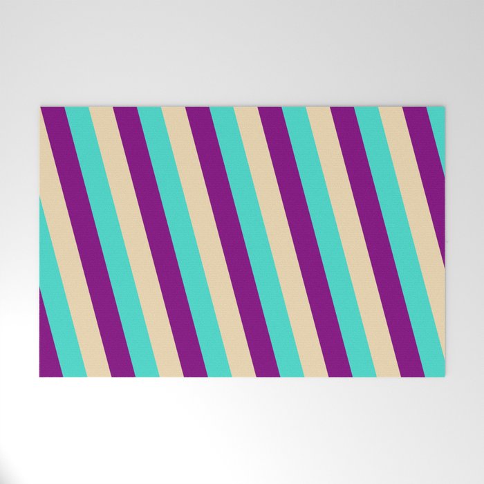 Turquoise, Purple & Tan Colored Stripes/Lines Pattern Welcome Mat