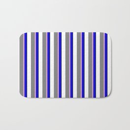 [ Thumbnail: Eyecatching Blue, Plum, Grey, White, and Black Colored Lines Pattern Bath Mat ]