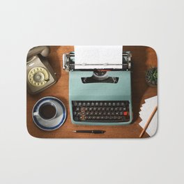 Vintage office accessories Bath Mat | Typewriter, Photo, Stilllife, Page, Coffee, Concept, Retro, Office, Table, Telephone 