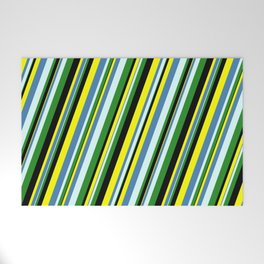 [ Thumbnail: Yellow, Blue, Light Cyan, Forest Green, and Black Colored Stripes Pattern Welcome Mat ]