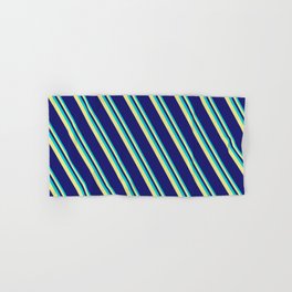 [ Thumbnail: Dark Turquoise, Tan, and Midnight Blue Colored Lines/Stripes Pattern Hand & Bath Towel ]