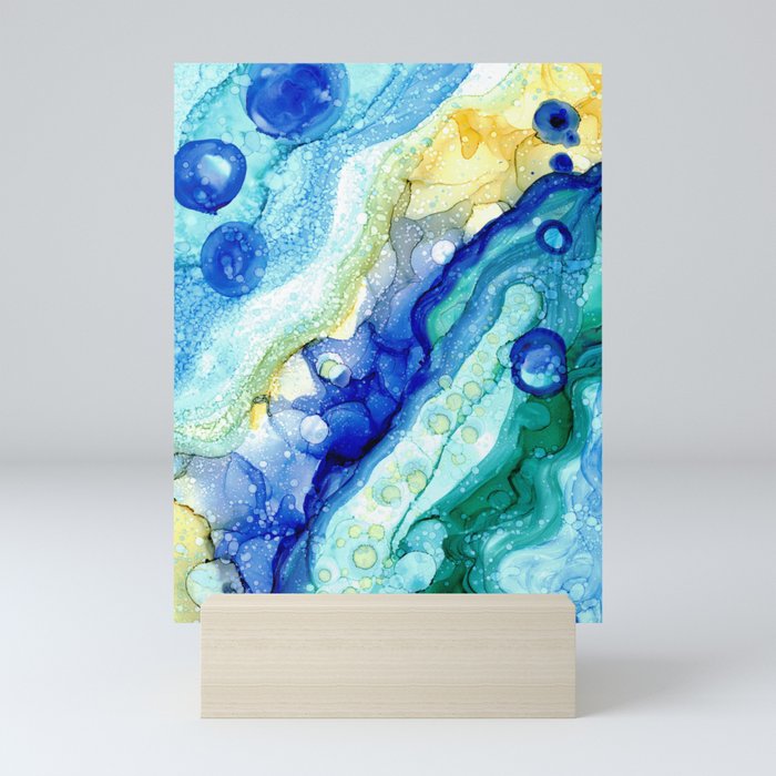 Blue Green Yellow bubble Alcohol Ink Abstract by Herzart Mini Art Print