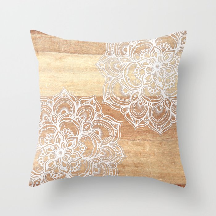 White doodles on blonde wood - neutral / nude colors Throw Pillow