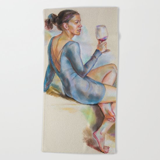 Girl with a glass of red wine Beach Towel