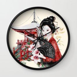 Beautiful Geisha In A Japanese Garden Wall Clock