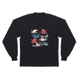 Origami dragon friends // linen texture background blue red grey and taupe fantastic creatures Long Sleeve T-shirt