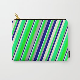 [ Thumbnail: Eyecatching Dark Gray, Dark Blue, Beige, Green & Lime Colored Striped/Lined Pattern Carry-All Pouch ]