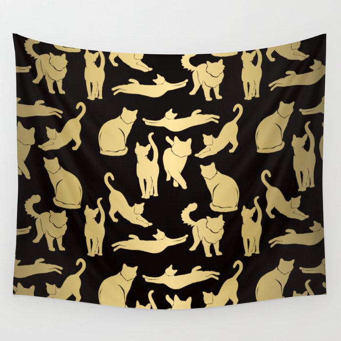 Gold Metallic Cat Silhouette on Black Background Wall Tapestry