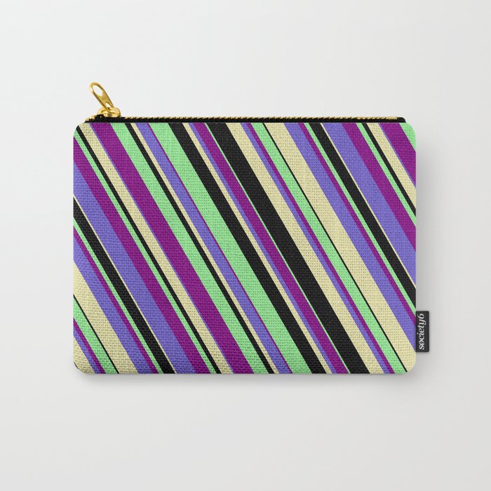 Light Green, Purple, Slate Blue, Pale Goldenrod, and Black Colored Lines/Stripes Pattern Carry-All Pouch