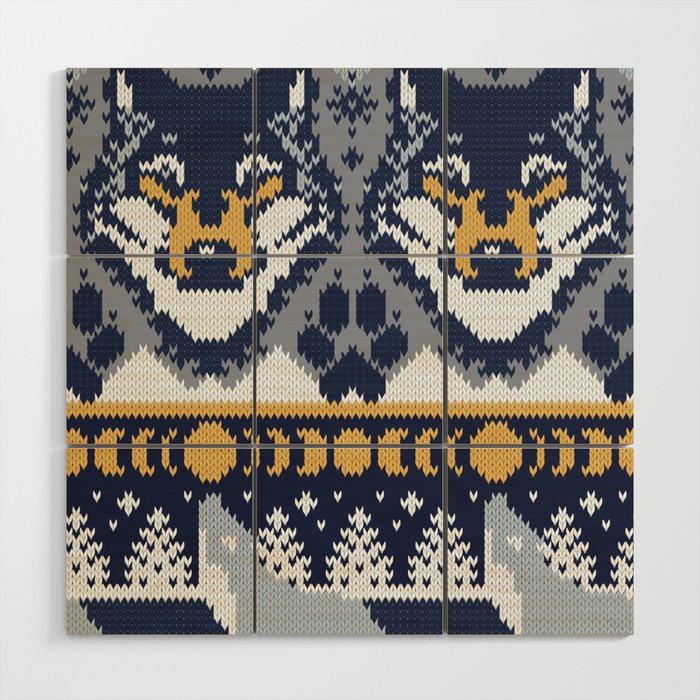 Fair isle knitting grey wolf // navy blue and grey wolves yellow moons and pine trees Wood Wall Art