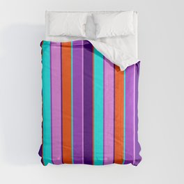 [ Thumbnail: Vibrant Dark Orchid, Aqua, Red, Indigo & Violet Colored Stripes Pattern Comforter ]