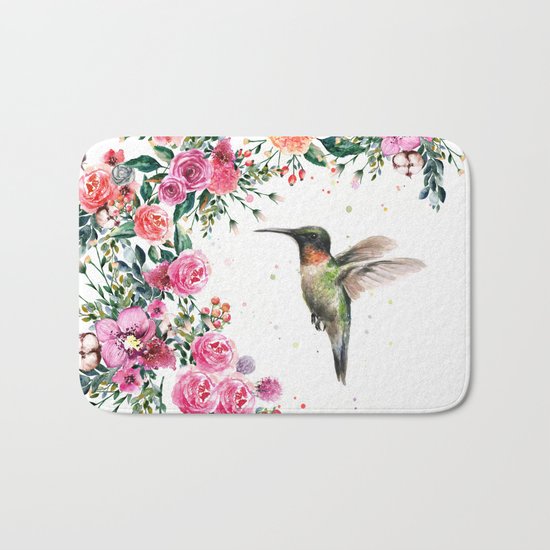 Hummingbird and Flowers Watercolor Animals Bath Mat