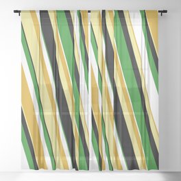 [ Thumbnail: Colorful Goldenrod, Tan, Black, Forest Green & White Colored Stripes Pattern Sheer Curtain ]