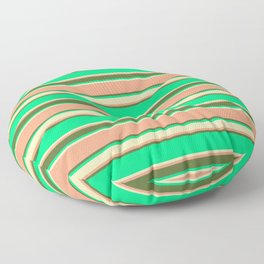 [ Thumbnail: Green, Beige, Light Salmon & Dark Olive Green Colored Stripes Pattern Floor Pillow ]