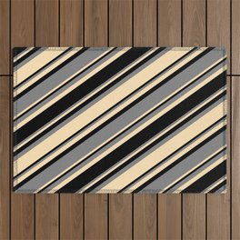 [ Thumbnail: Black, Grey & Beige Colored Striped Pattern Outdoor Rug ]