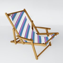 [ Thumbnail: Black, Violet, Blue & White Colored Lines/Stripes Pattern Sling Chair ]