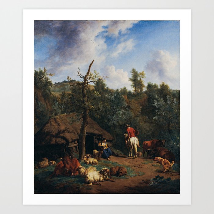 Pooping dog ruining an old Dutch landscape painting 2 Art Print