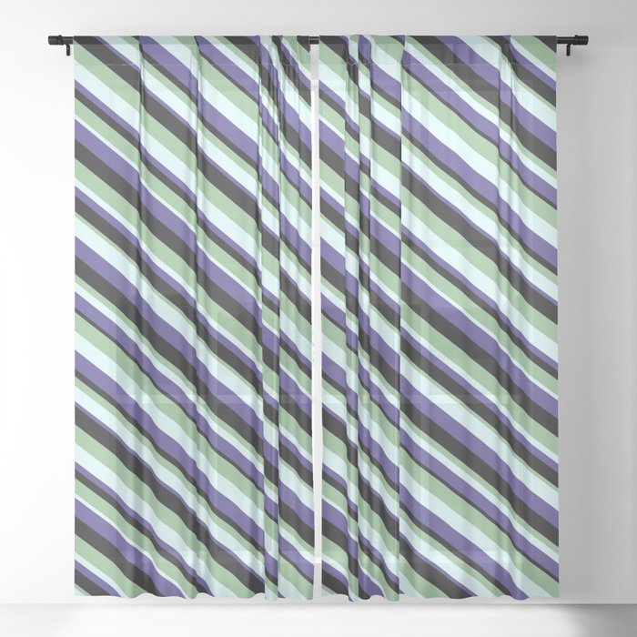 Dark Sea Green, Light Cyan, Dark Slate Blue, and Black Colored Pattern of Stripes Sheer Curtain