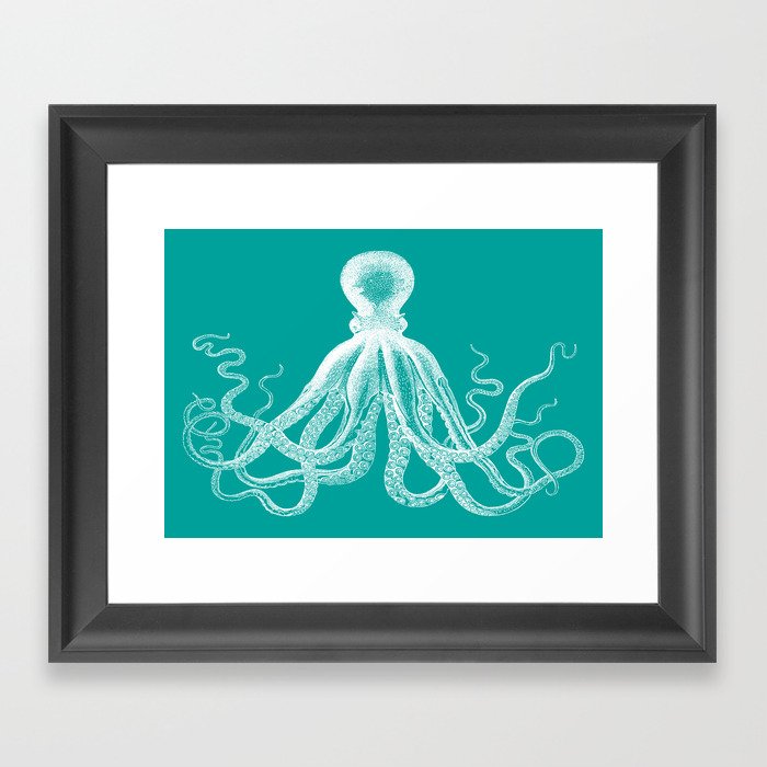 Octopus | Vintage Octopus | Tentacles | Teal Green and White | Framed Art Print