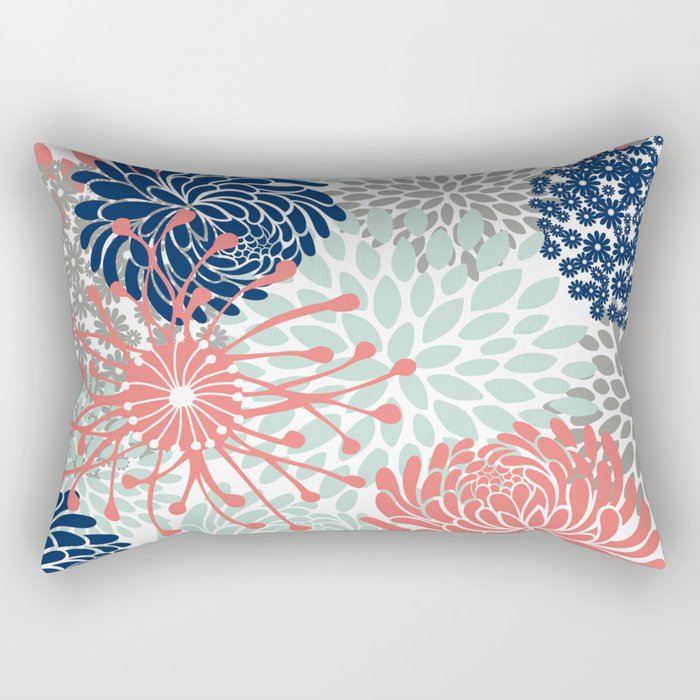 Floral Print Coral Pink Pale Aqua Blue Gray Navy Rectangular