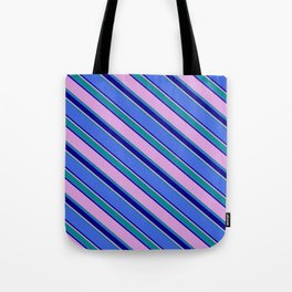 [ Thumbnail: Plum, Dark Cyan, Royal Blue, and Blue Colored Lined Pattern Tote Bag ]