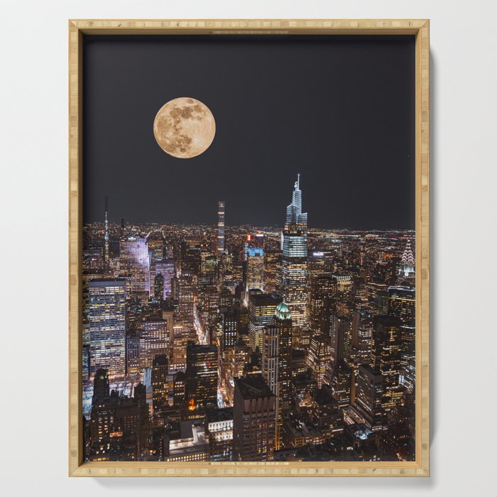 New York City Full Moon | NYC Skyline at Night | Photography and Collage Serving Tray