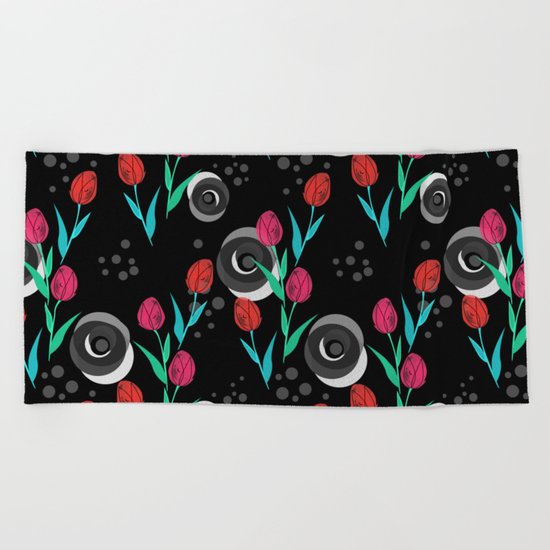 Abstract floral pattern tulips. Black background . Beach Towel