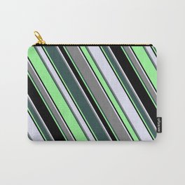 [ Thumbnail: Eye-catching Lavender, Grey, Dark Slate Gray, Green & Black Colored Pattern of Stripes Carry-All Pouch ]